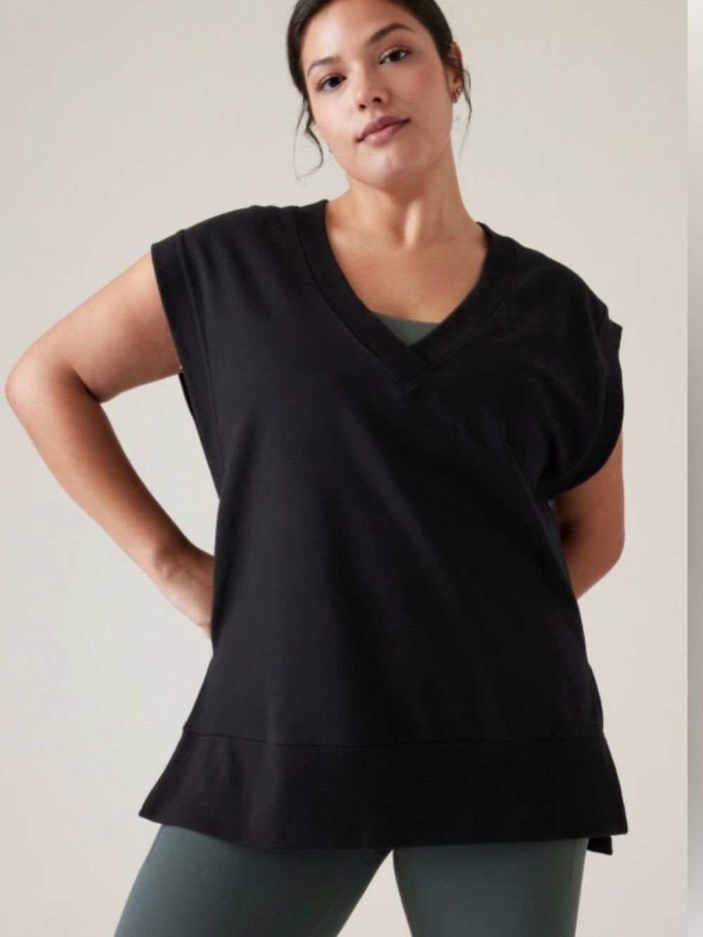 Athleta Retroterry V-Neck Sweatshirt Black Womens Large